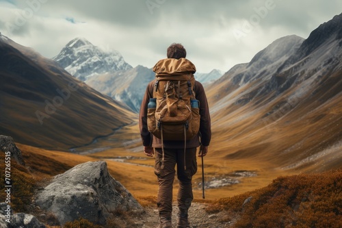 Athletic Man hiker backpack. Tourism trip. Generate Ai