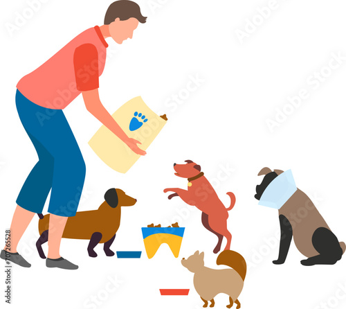 Pet owner feeds various dogs different breeds. Enthusiastic dogs waiting for food, man pouring dog food. Dog feeding time, caring for pets vector illustration.