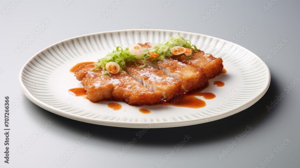 The cutlet is artistically sliced and elegantly presented on a rectangular ceramic plate with a distinct Japanese design, set against a clean white background. The cutlet is artistically sliced and elegantly presented on a rectangular ceramic plate with a distinct Japanese design, set against a clean white background.