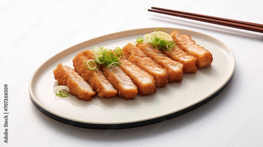 The cutlet is artistically sliced and elegantly presented on a rectangular ceramic plate with a distinct Japanese design, set against a clean white background.