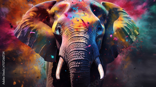 An elephant in a burst of Holi festival colors, showcasing the vibrancy of this traditional Indian celebration.