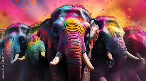 A majestic procession of decorated elephants adorned with vibrant Holi festival colors. © eleonora_os