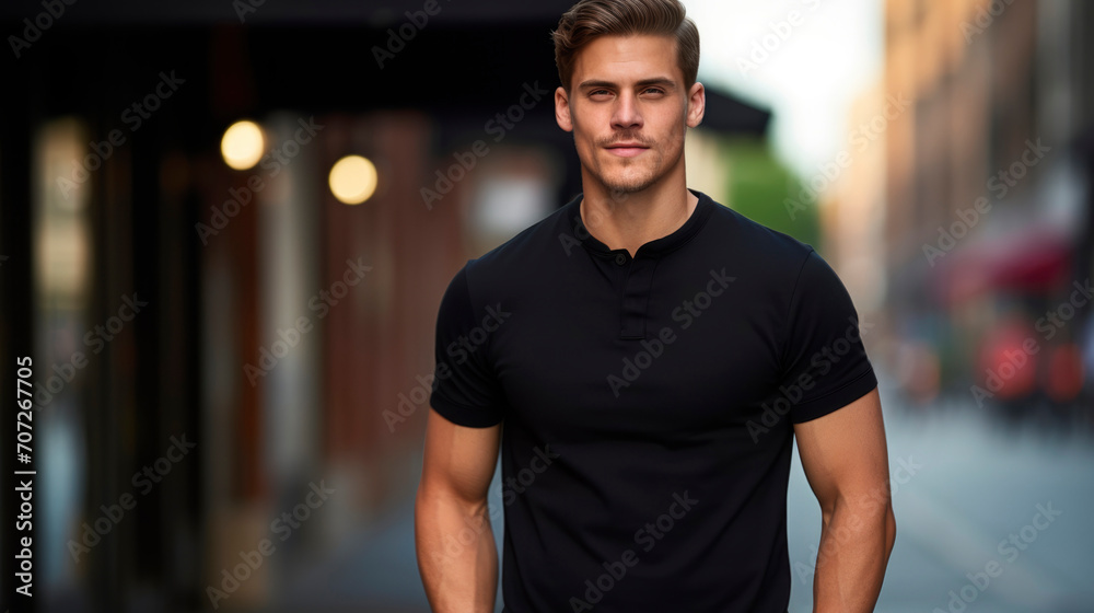 Male model in classic tight-fitting black cotton T-shirt on city street. Image of elegant, stylish and self-confident man, leading fashionable lifestyle. Space for logo or design. Mock up for printing
