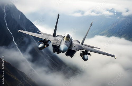 Military Fighter Jet flight in the Cloudy Sky background. Military Wallpaper