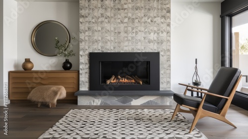 A modern stone fireplace with a patterned tile. AI generated