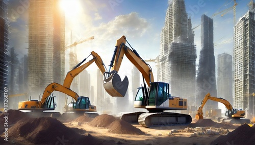 Construction excavators working on emerging new city photo