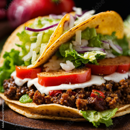 Ground beef tacos with lots of ingredients photo