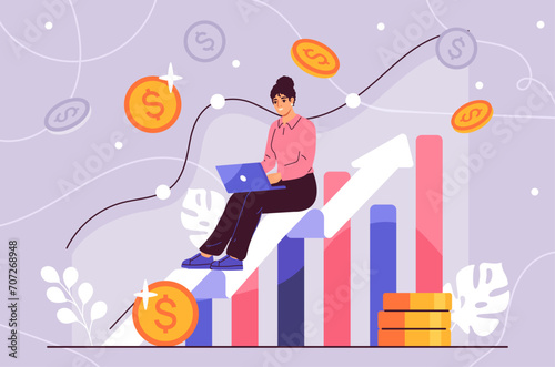 Analyzes digital data concept. Woman with laptop near graphs and diagrams. Statistics and infographics. investor and trader, economics. Financial literacy, occupation. Cartoon flat vector illustration