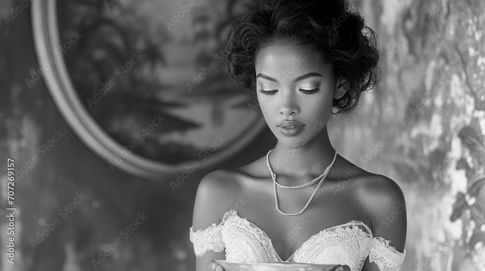 A timeless black and white photograph capturing the grace of a woman ...