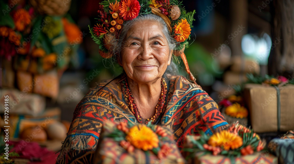 A close-up portrait of a woman with a padarok, showcasing the intricate wrapping and decorative details, as she smiles with genuine joy, embodying the warmth and spirit of giving.
