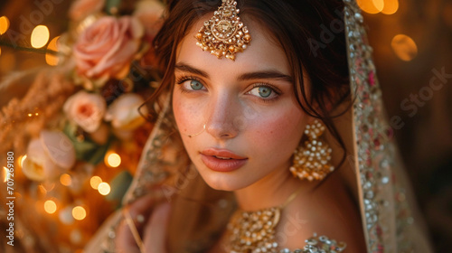 A dreamy evening shot featuring a beautiful woman in an elegant outfit, holding a padarok under the soft glow of fairy lights, creating a magical atmosphere that enhances the charm © Kateryna Arkhypova