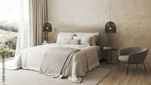 Serene bedroom interior with panoramic view, featuring cozy bedding and stylish pendant lighting © Viktoria Kovalchuk