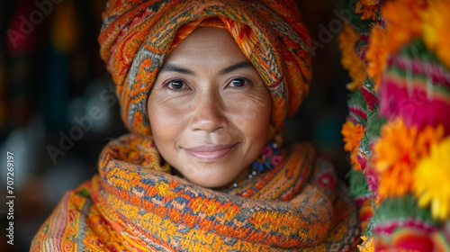 A close-up portrait of a woman with a padarok  showcasing the intricate wrapping and decorative details  as she smiles with genuine joy  embodying the warmth and spirit of giving.
