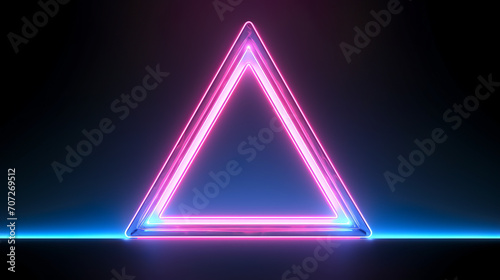 The image depicts a vibrant neon pentaprism-shaped frame glowing in pink and blue hues on a dark background.Background concept. AI generated.