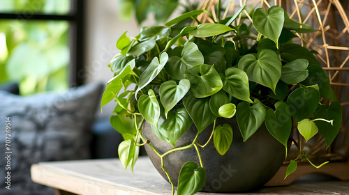 Lush overgrown heart-leaf philodendron in a big modern pot. High quality photo
