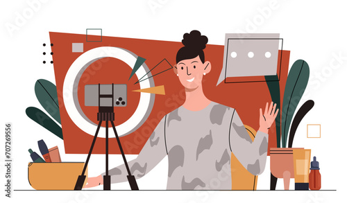 Blogger record video. Woman standing near camera. Young girl create interesting content for social networks. Beauty blog. Famous person with cosmetics products. Cartoon flat vector illustration