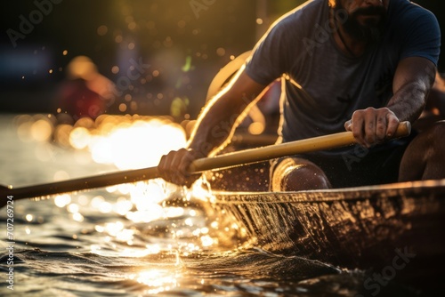 Adventurous Man rows an oar in a canoe. River summer kayaking sport. Generate Ai