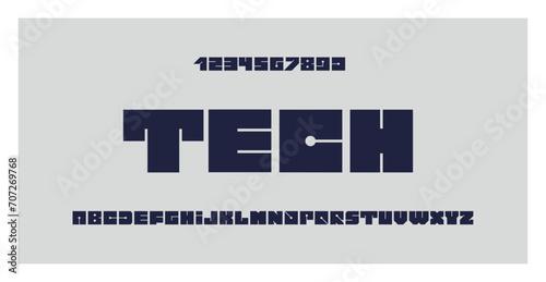 Tech font. Futuristic alphabet for technology, engineering, architecture, science, gaming, music, and sport. Printed circuit board. Squared letters and numbers. Abstract background. Art illustration.