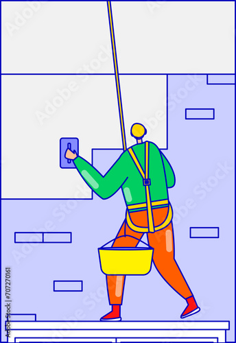 Window cleaner in harness washing skyscraper exterior. Male worker with squeegee and bucket at height. Professional cleaning service vector illustration.