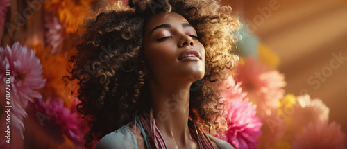 Beautiful african american woman with closed eyes and flowers on blurred background