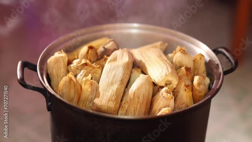 Hot tamales in a tamale steamer. Traditional mexican food