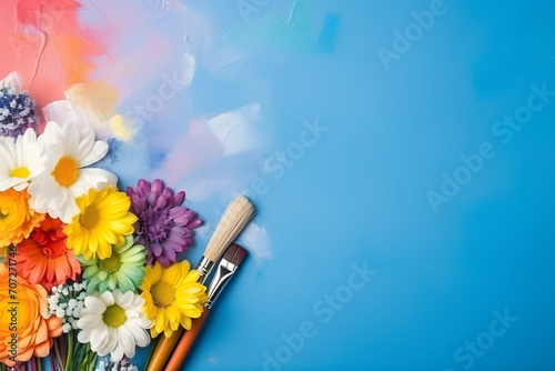 watercolor brush and watercolor painting with flowers and paint brush on colorful rainbow background. Flat lay  copy space banner