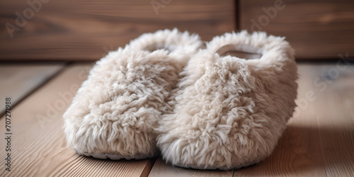 Closeup of a woman donning cozy and plush slippers in the comfort of her own home,, 