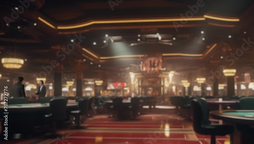 Interior of casino with gaming tables for poker game. Spacious hall for gambling, recreation and entertainment. Group of people in defocus communicating with each other. Concept of casino and gambling