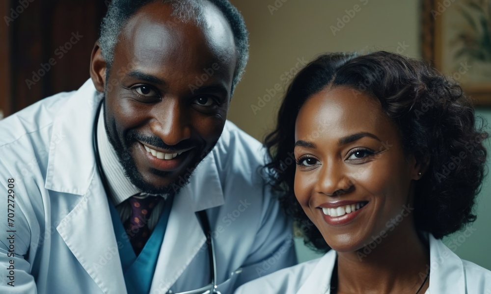 Two doctors are happy, a man and a woman are black, two doctors are smiling Two doctors are happy, a man and a woman are black, two doctors are smiling