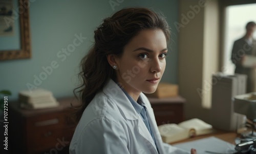 a beautiful good-natured woman doctor in her office, a pediatrician photo