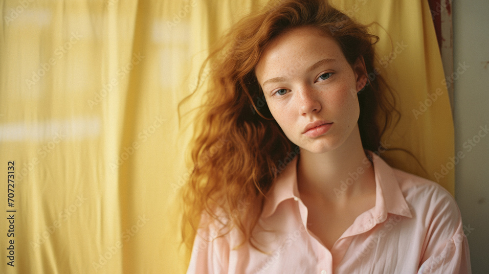 Portrait of a young red-haired girl in a pink shirt . Portrait of a young red-haired girl in a pink shirt .