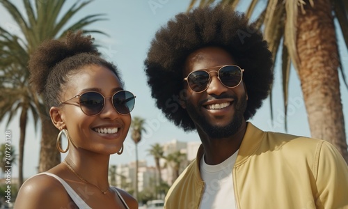 A black guy with an Afro hairstyle and a black girl are happy, wearing sunglasses in a brightly sunny city, palm trees in the background photo