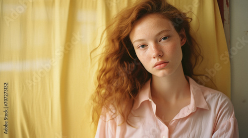 Portrait of a young red-haired girl in a pink shirt .