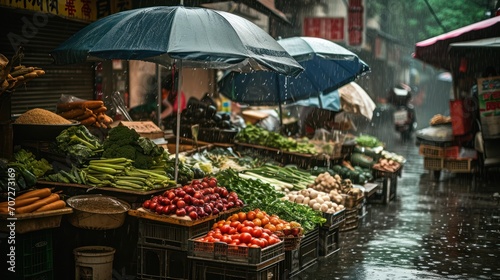 Generative AI, Traditional oriental asian market with fruits and vegetables under the rain with umbrellas © Rymma