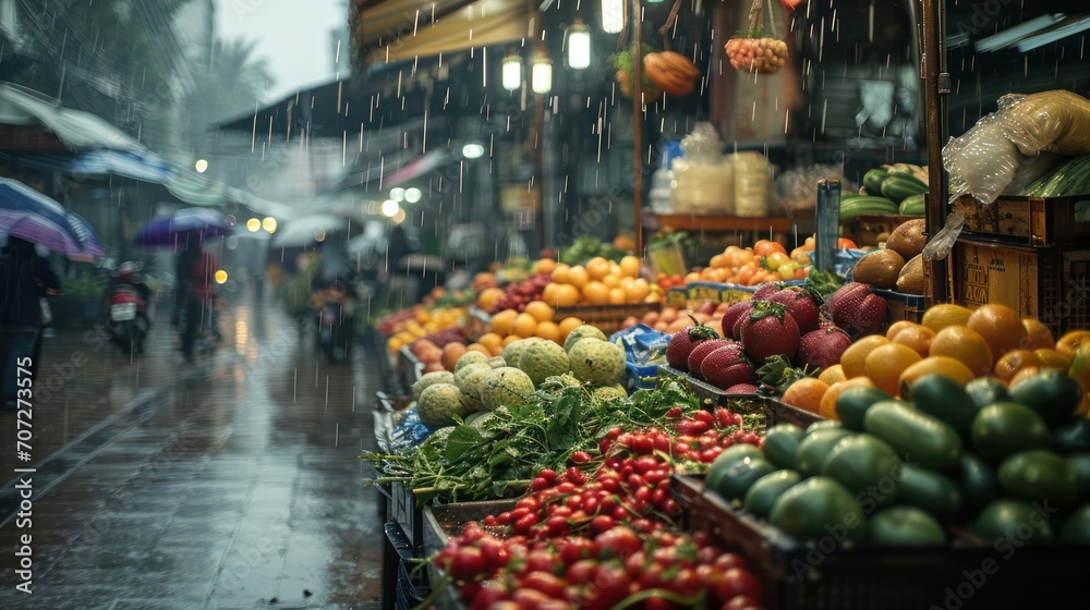 Generative AI, Traditional oriental asian market with fruits and vegetables under the rain with umbrellas