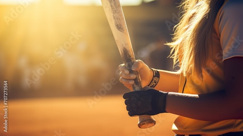 closeup of a woman softball player's hands gripping a bat