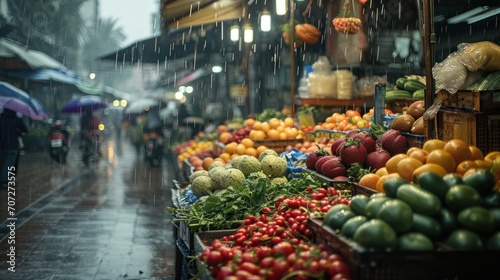 Generative AI  Traditional oriental asian market with fruits and vegetables under the rain with umbrellas