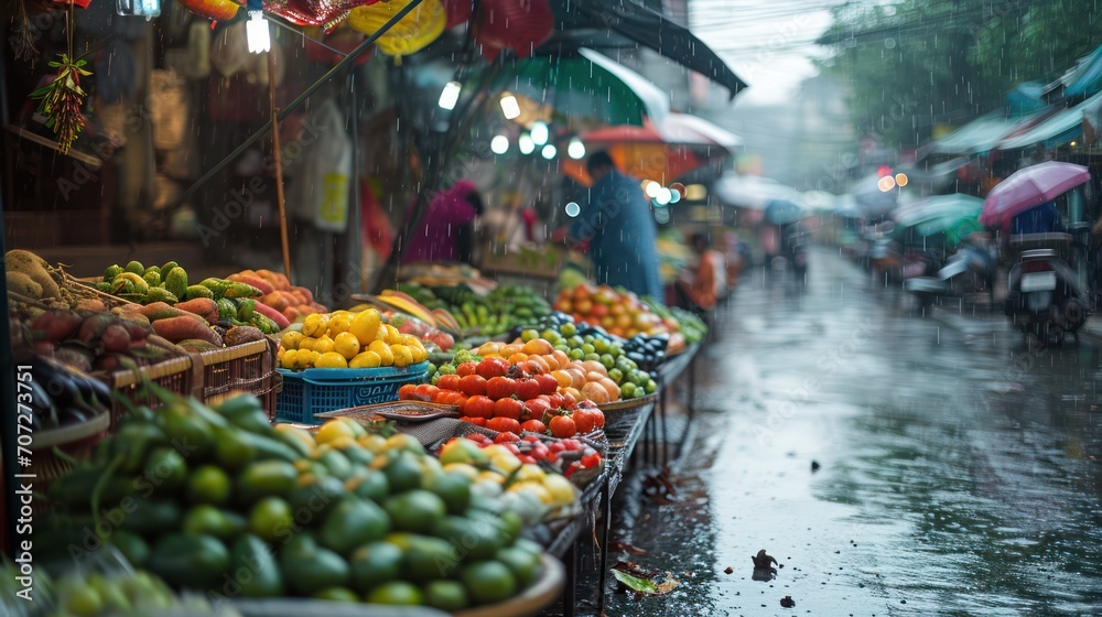 Generative AI, Traditional oriental asian market with fruits and vegetables under the rain with umbrellas - obrazy, fototapety, plakaty 