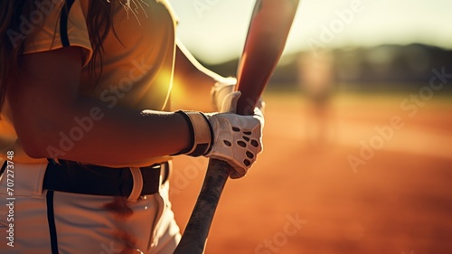 closeup of a woman softball player's hands gripping a bat