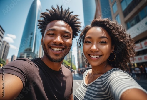 black guy and an Asian girl are smiling happily at the camera, walking through the streets of the city, happy people