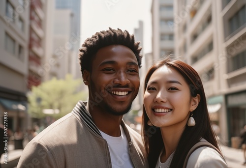 black guy and an Asian girl are smiling happily at the camera, walking through the streets of the city, happy people