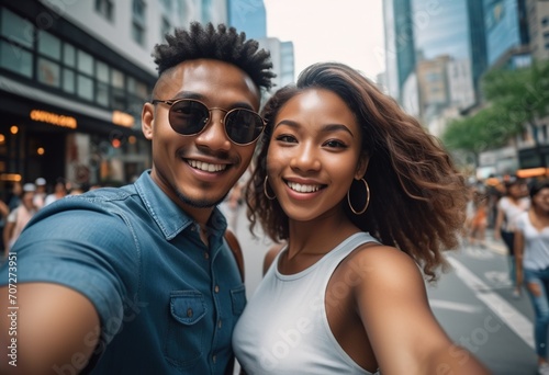 Swarthy Asians, an Asian guy and an Asian girl smile happily at the camera while walking through the streets of the city
