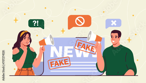 People with fake news concept. Man and woman with loudspeakers near website article. Propaganda and desinformation from mass media. Lie in newspaper. Cartoon flat vector illustration