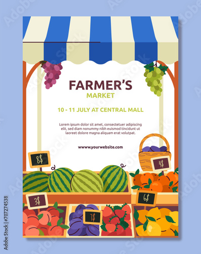 Farmers market poster. Shop and store with watermelon and strawberries and peaches, lemons. Support your local market. Graphic element for website. Cartoon flat vector illustration