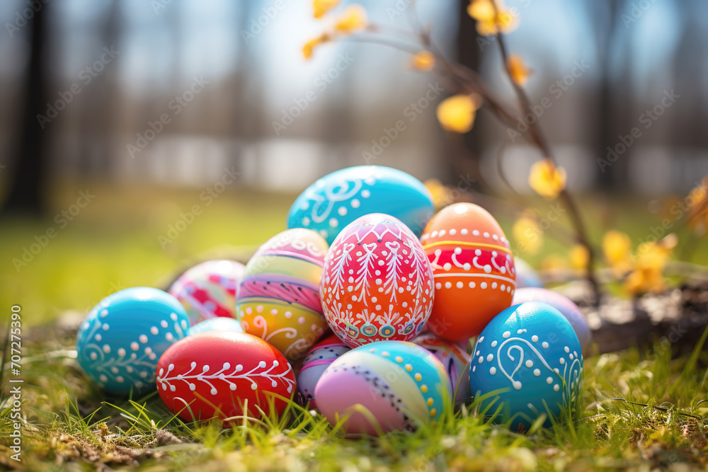 Pile of traditional colored with bright patterns easter eggs in spring forest with small branches on a background