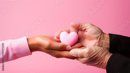 Timeless Bond: Generational Connection as Young and Elderly Hands Share a Heart on Pastel Pink