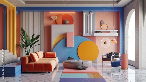 Supremacism style interior design of modern living room with abstract geometric colorful shapes. © Esha
