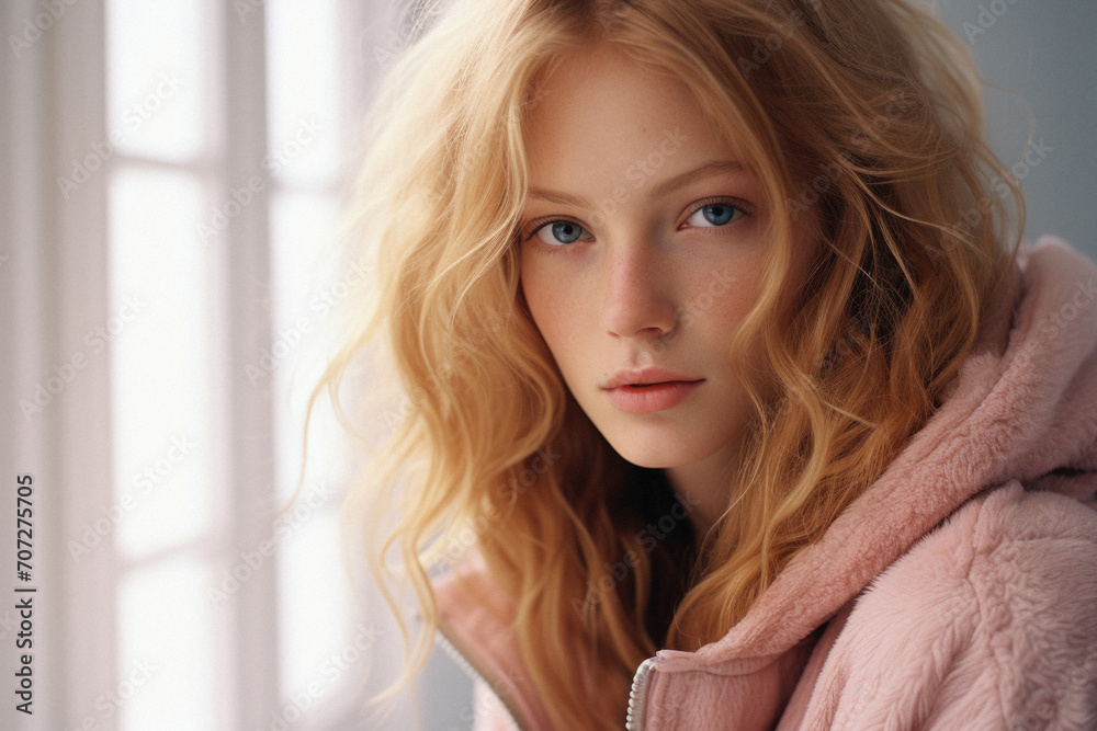 Portrait of a beautiful young girl with long blond hair in a pink coat . Portrait of a beautiful young girl with long blond hair in a pink coat .