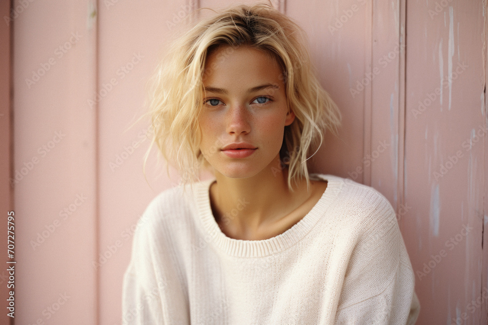 Portrait of a young beautiful girl in a white sweater on a pink background Portrait of a young beautiful girl in a white sweater on a pink background
