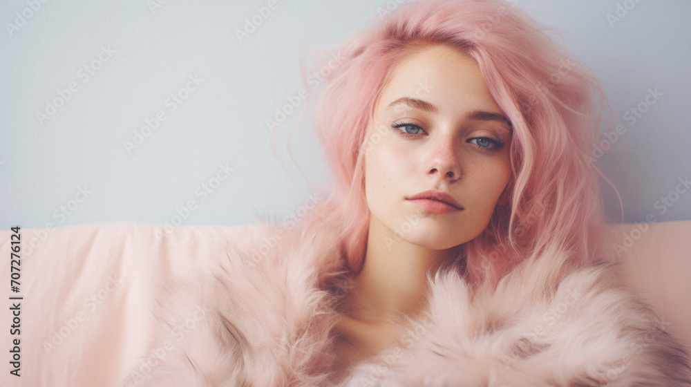 Portrait of a beautiful girl with pink hair on a blue sky background